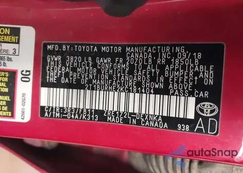 2019 Toyota Corolla Le from USA, damaged, VIN 2T1BURHE2KC181404